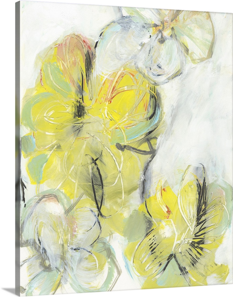 Semi-abstract artwork of yellow and white flowers.