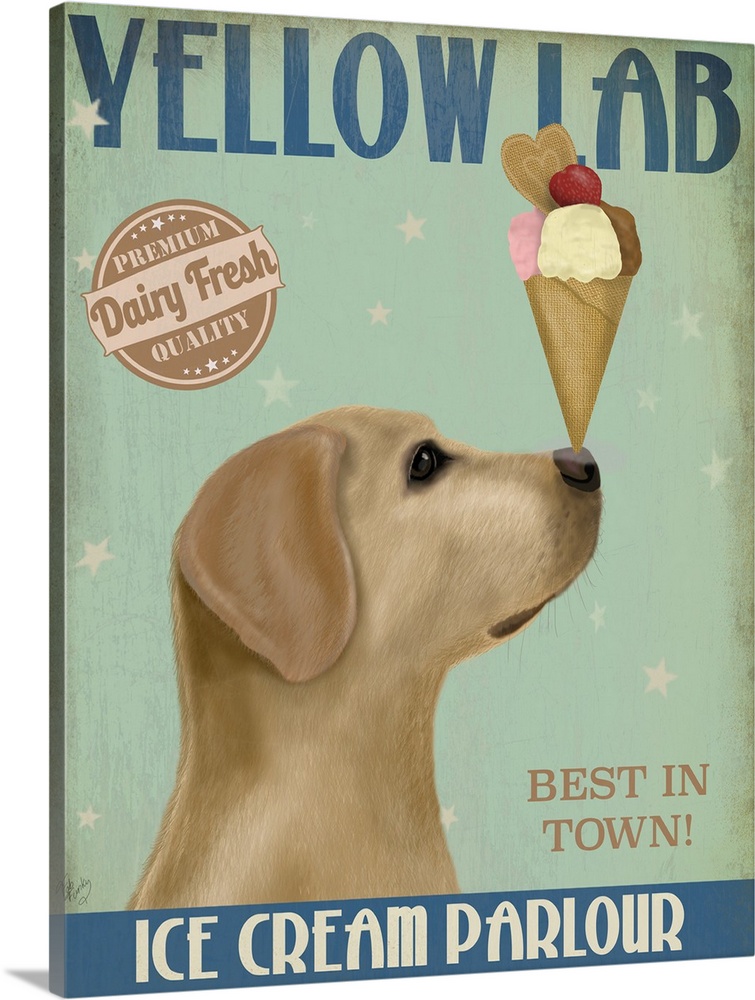 Decorative artwork of a Yellow Lab balancing an ice cream cone on its nose in an advertisement for an ice cream parlour.