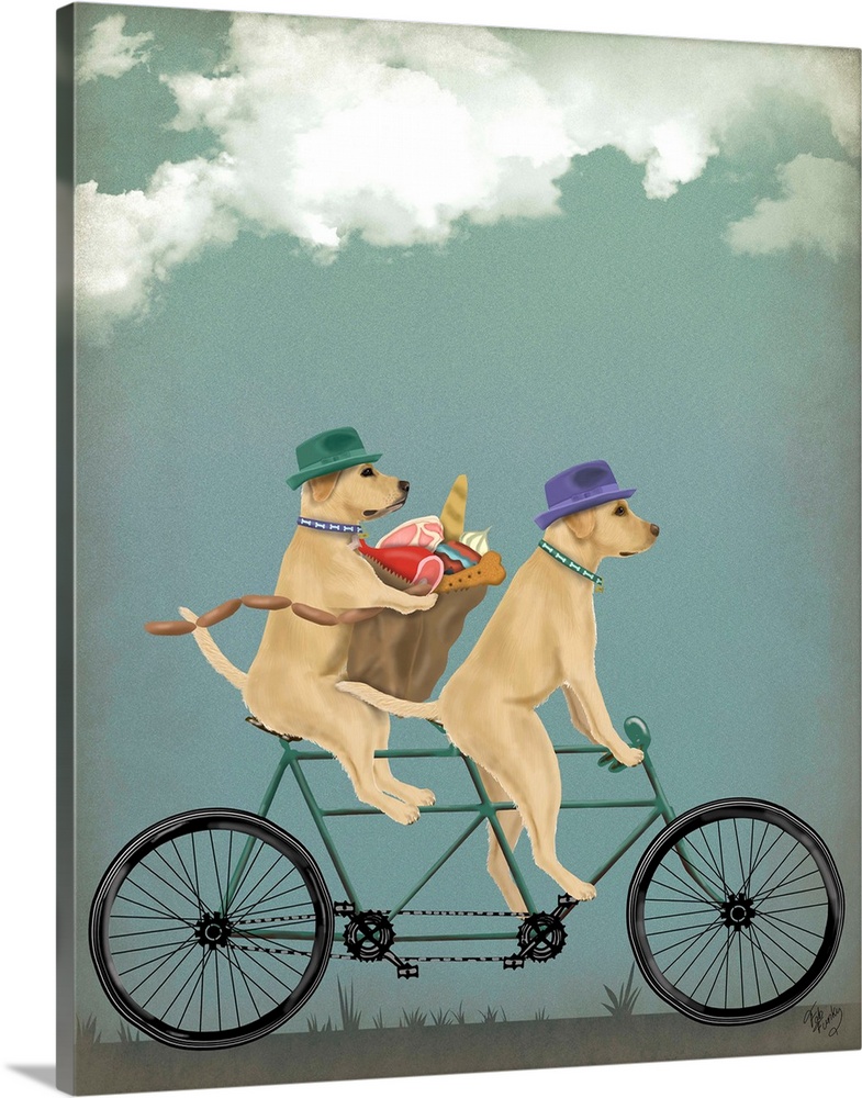 Decorative artwork of two Yellow Labradors riding on a green tandem bicycle wearing hats and carrying groceries.