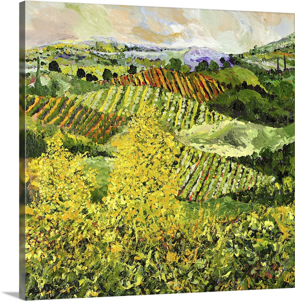 Contemporary painting of a country landscape with two yellow trees looking over crops growing in rows.