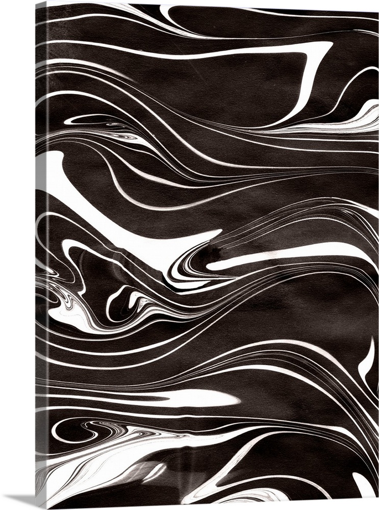 Abstract artwork of black and white paint swirled around in rippling patterns.