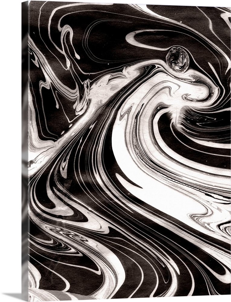 Abstract artwork of black and white paint swirled around in rippling patterns.