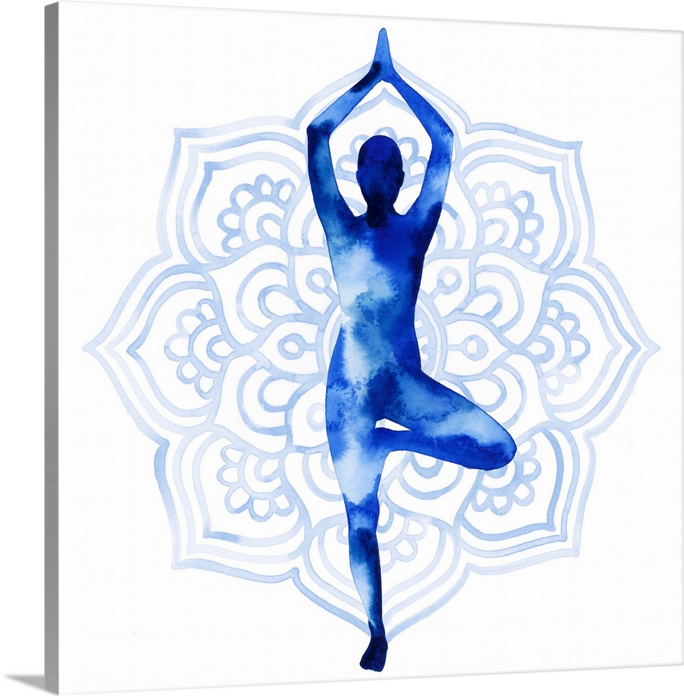 This serene series features a silhouetted yoga pose in blue watercolor over a lotus flower design on a white background.