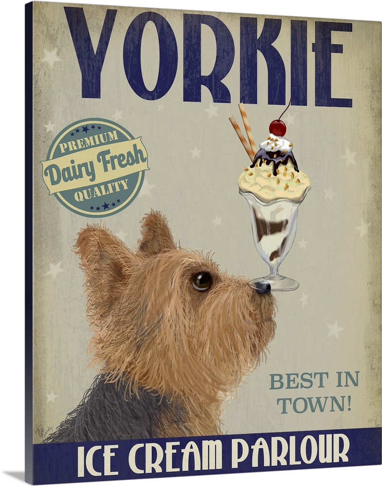 Decorative artwork of a Yorkshire Terrier balancing an ice cream sundae on its nose in an advertisement for an ice cream p...