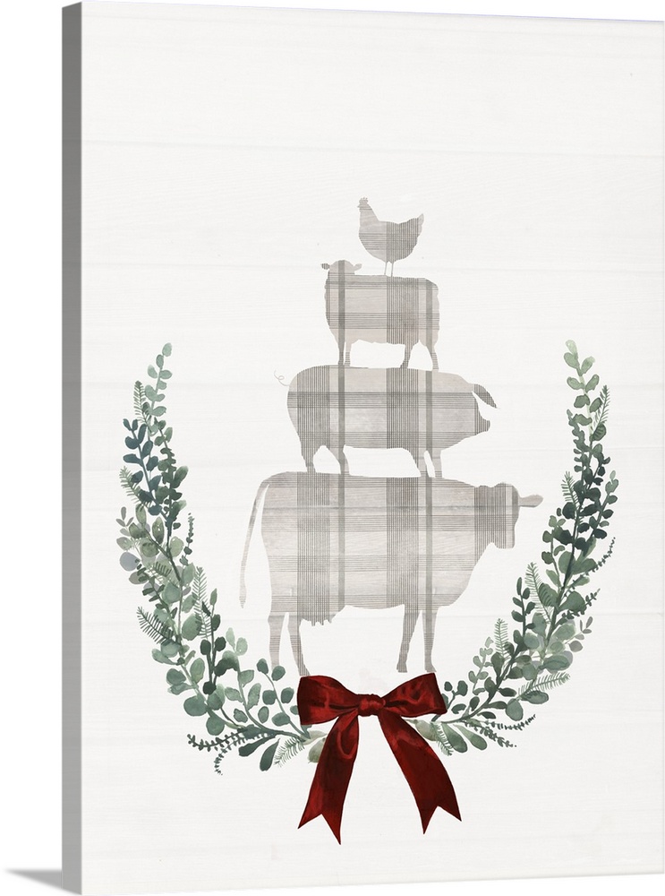 Silhouette of a chicken, sheep, pig and cow in a gray and cream plaid patterned, framed by a wreath on a white wood backgr...