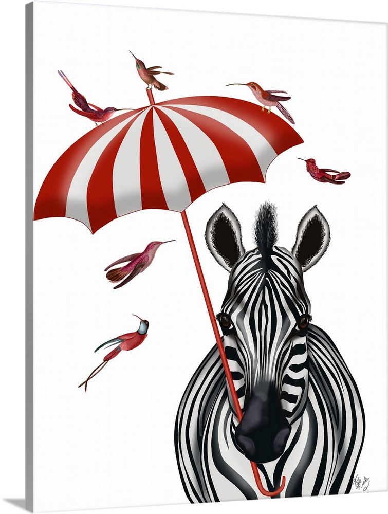 A zebra holding a red and white striped parasol.