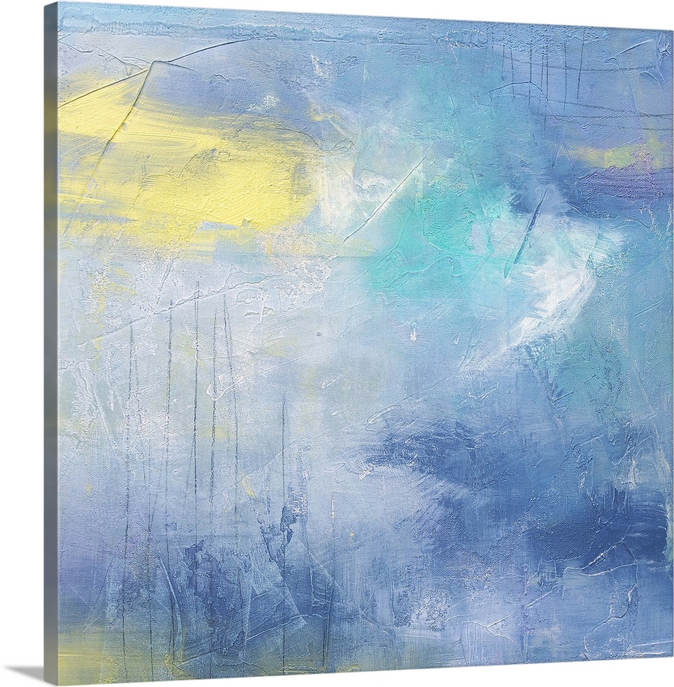 Abstract painting in pastel lavender and blue tones.