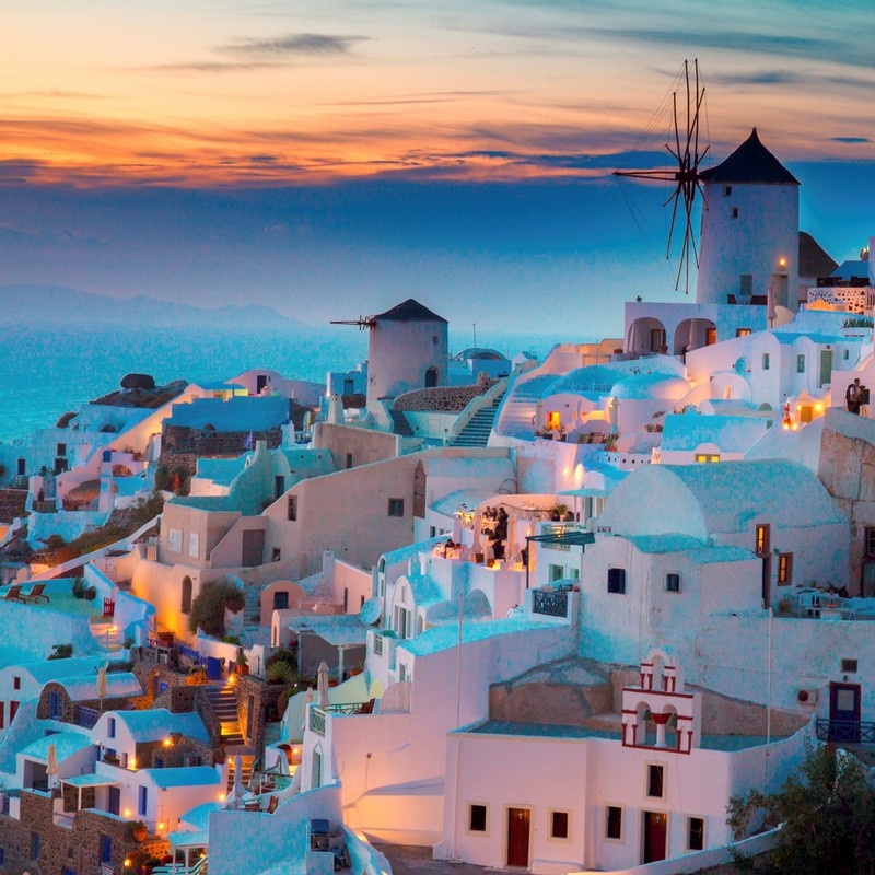 Greece, Aegean Islands, Cyclades, Mediterranean Sea, Aegean Sea, Greek  Islands, Santorini Island, Thera, Sunset At Oia Village by Giorgio Filippini