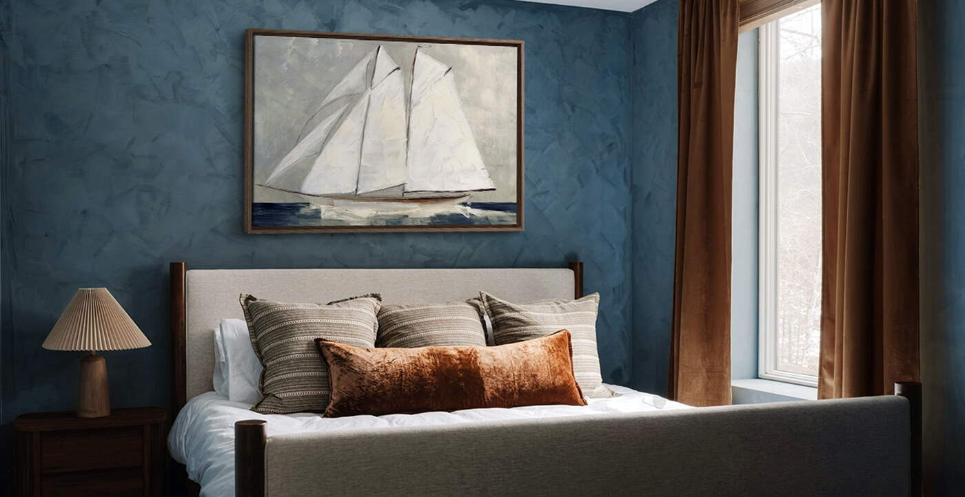 floating framed canvas print of a classic sailboat painting in a modern bedroom