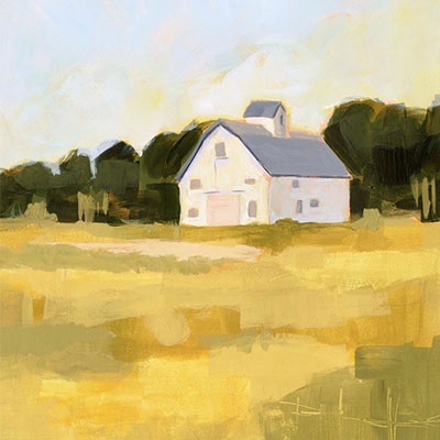 painting of a barn in a field