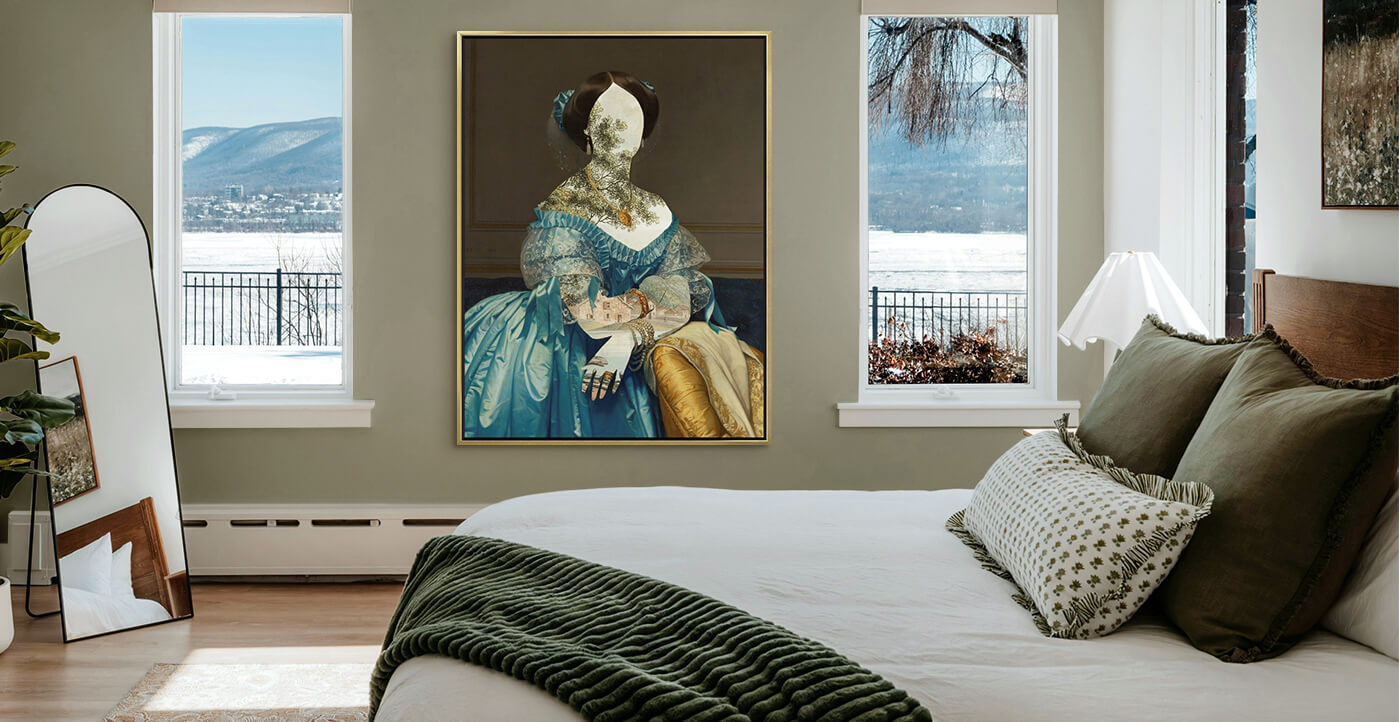 floating framed canvas print of a collage of a woman in a contemporary bedroom