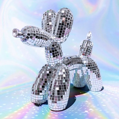 photograph of a disco balloon animal on an iridescent background
