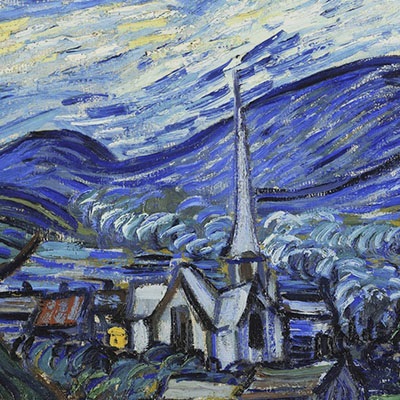 impressionist painting of a church and field