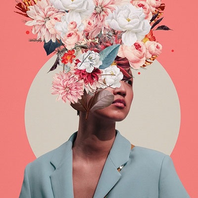 photo collage of a woman with flowers